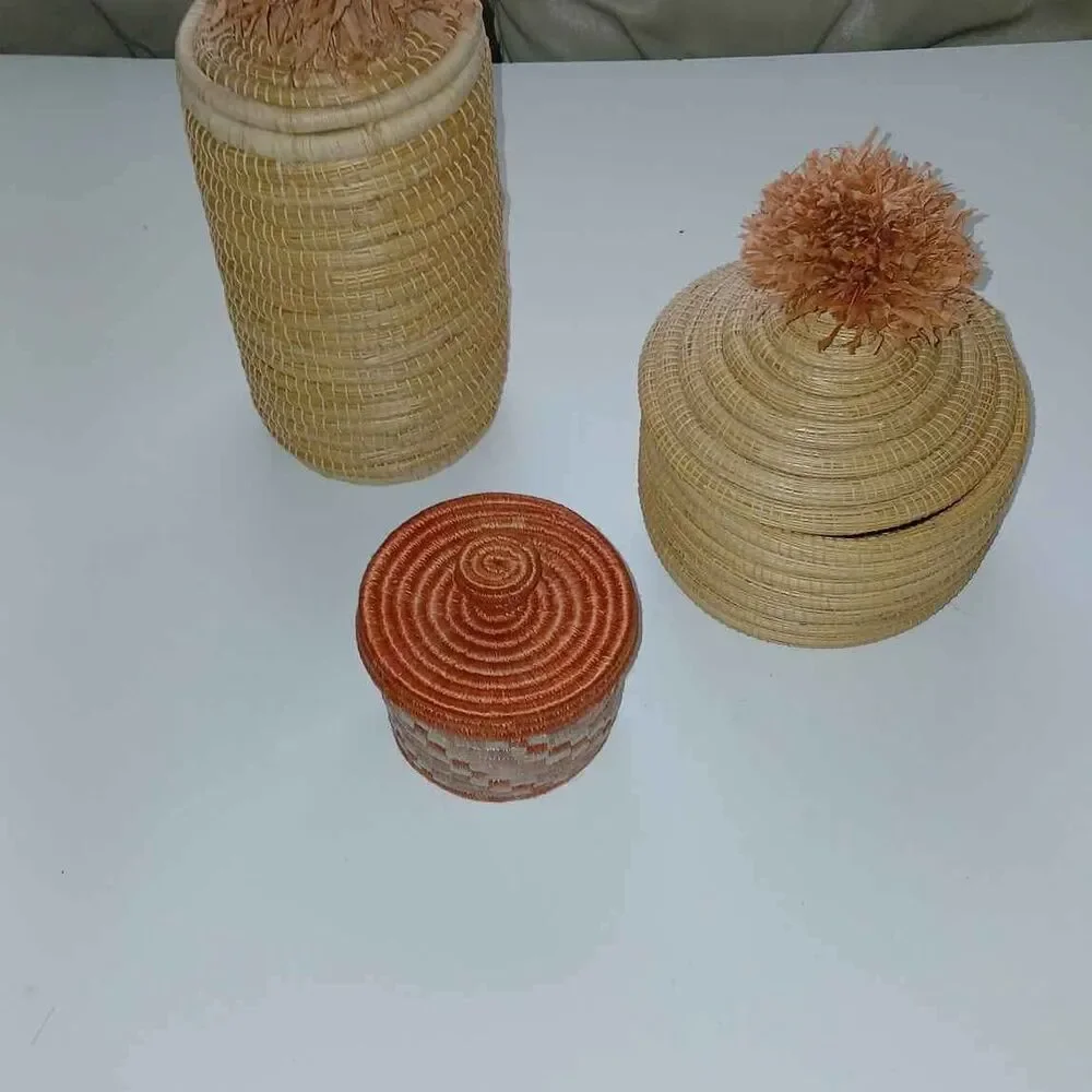 Set of 3 Woven Storage Baskets w/ Lids & Straw Pom Poms – Boho Natural Decor